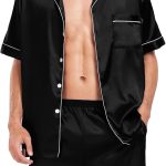 Men Satin Silk Pajamas Sets Short   Button-Down PJs Sets Two-Pieces Loungewear with Pockets