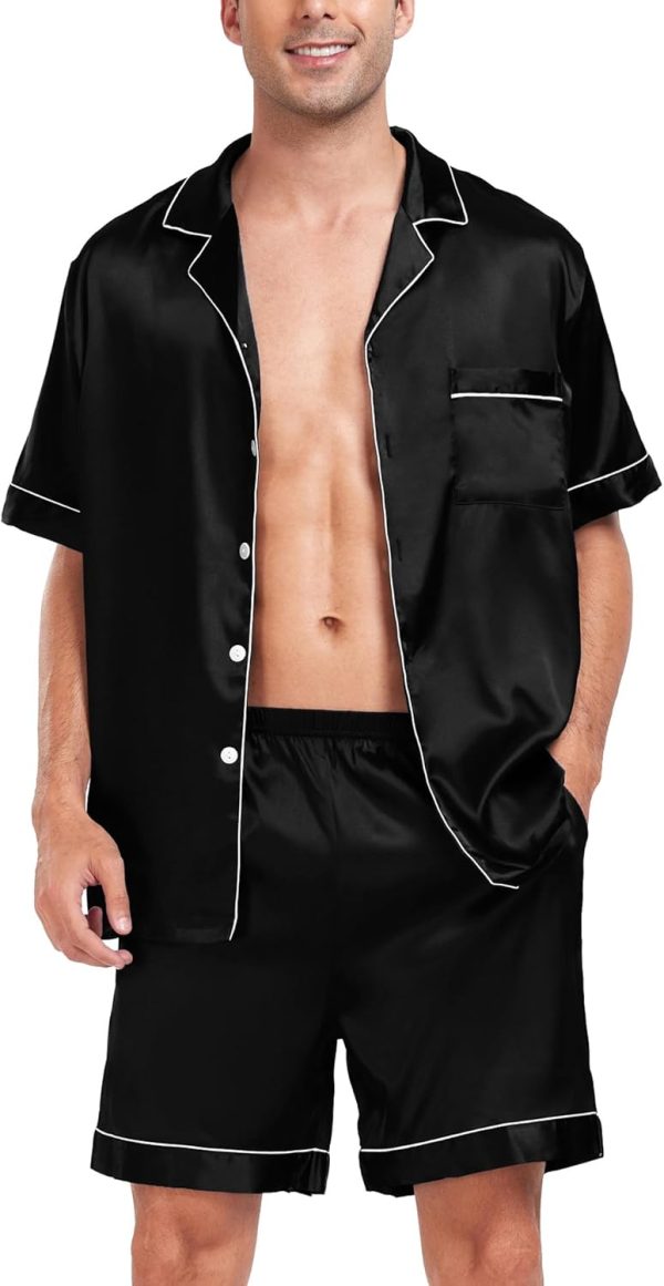 Men Satin Silk Pajamas Sets Short   Button-Down PJs Sets Two-Pieces Loungewear with Pockets