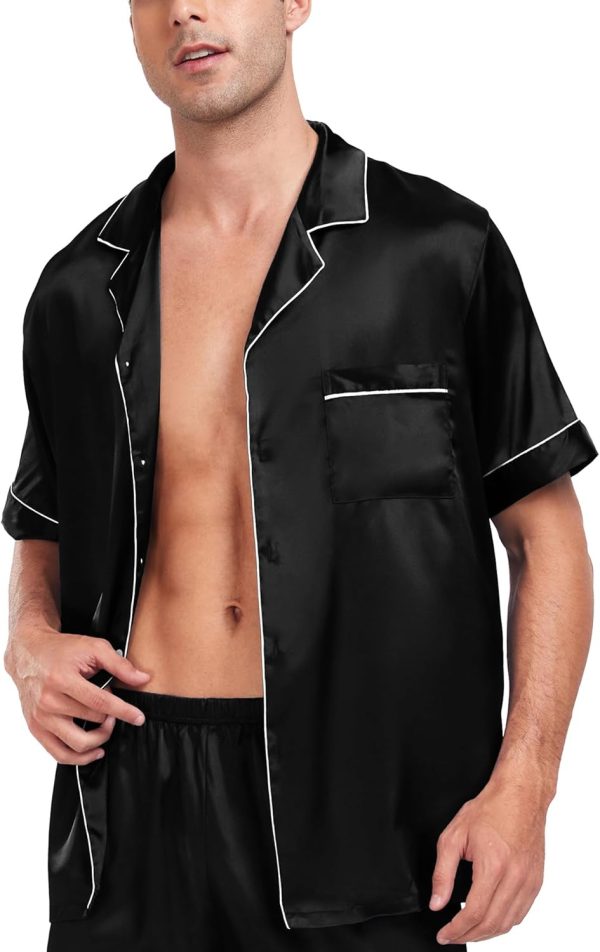 Men Satin Silk Pajamas Sets Short   Button-Down PJs Sets Two-Pieces Loungewear with Pockets - Image 2