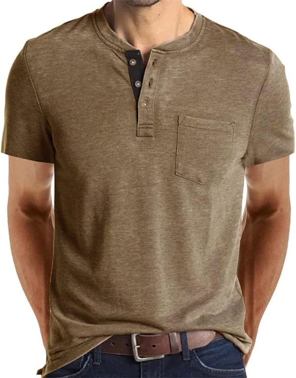 Mens Casual Short  Henley Shirts Fashion Button T Shirts with Pocket