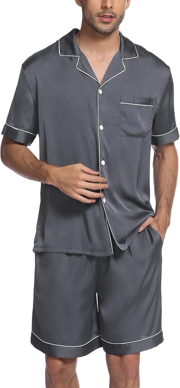 Mens Satin Pajamas Set Button-Down Short  Shirt Top Soft Silk  Loose Pocket Pant Loungewear - Image 2