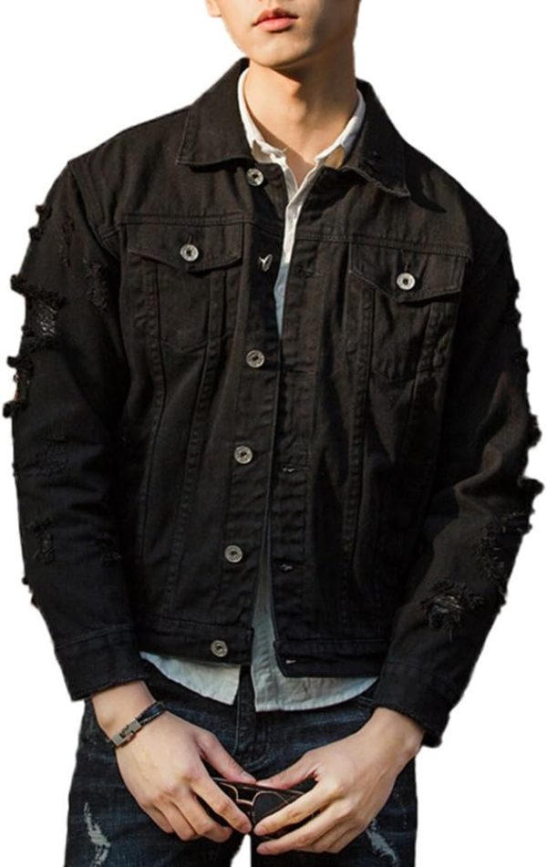 Men`s Retro Vintage Washed Ripped Hip Hop Motorcycle Denim Jacket