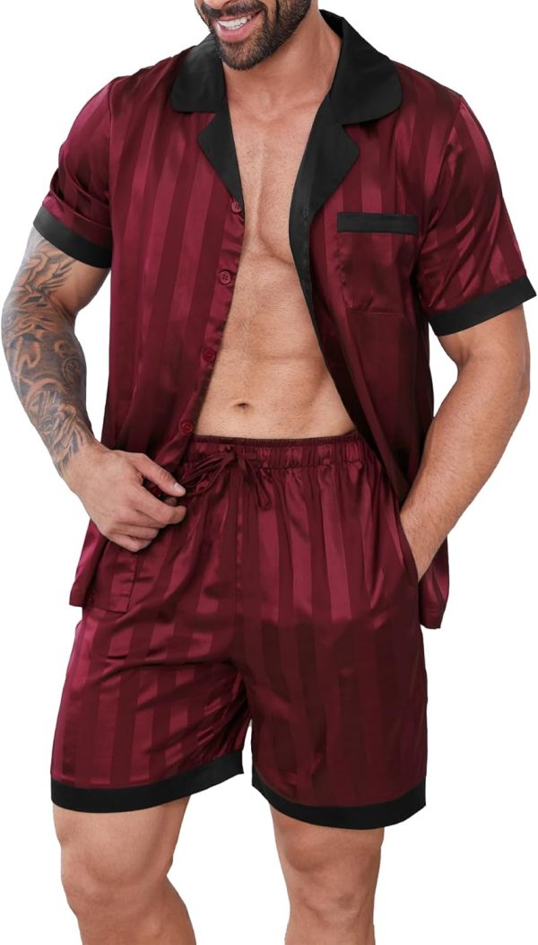 Mens Pajamas Set Satin Silk Pajama For Men  Shorts Sexy Nightwear Button Down 2 Piece