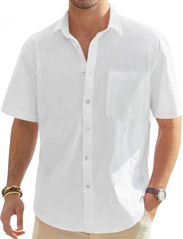 Men's Cotton Linen Short  Shirts Casual Lightweight Button Down Shirts Vacation Beach Summer Tops with Pocket