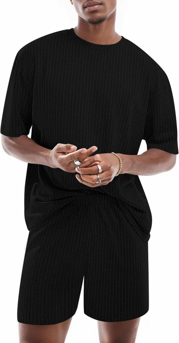 Mens Lounge Set Ribbed Knit Pajamas Set 2 Piece Short Set Outfits Sweatsuit Summer Soft  Loungewear - Image 2