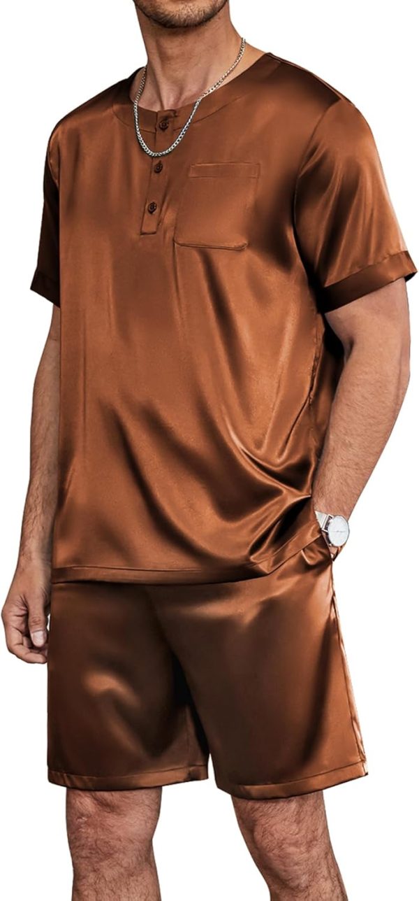 Men Satin Pajamas Set 2 Piece Silk  Shorts Button Down Tops Loungewear with Pockets