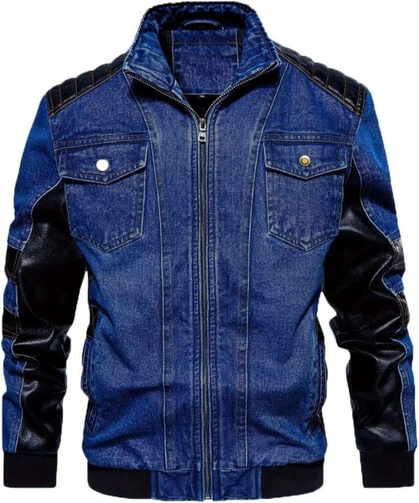 Men's Denim &  Leather Biker Jacket Vintage Motorcycle Jean Jacket with Leather Patchwork - Image 2