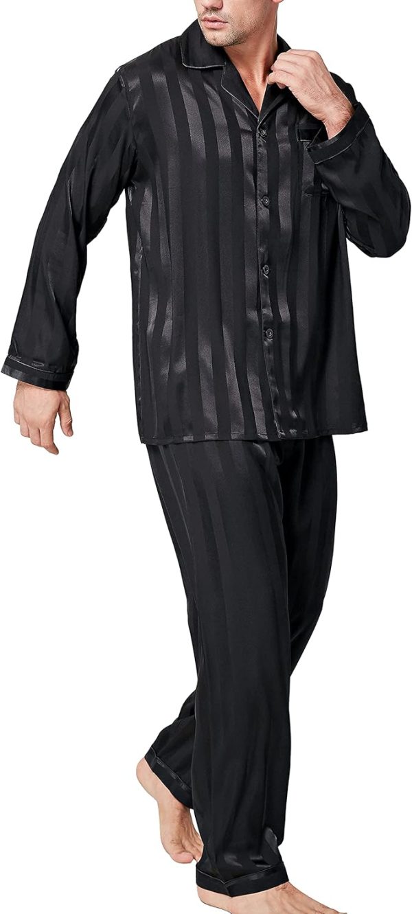 Pajamas Set Mens Silk Satin Pajamas Long  Loungewear Two-Piece  Button-Down Pj Set S-XXXXL