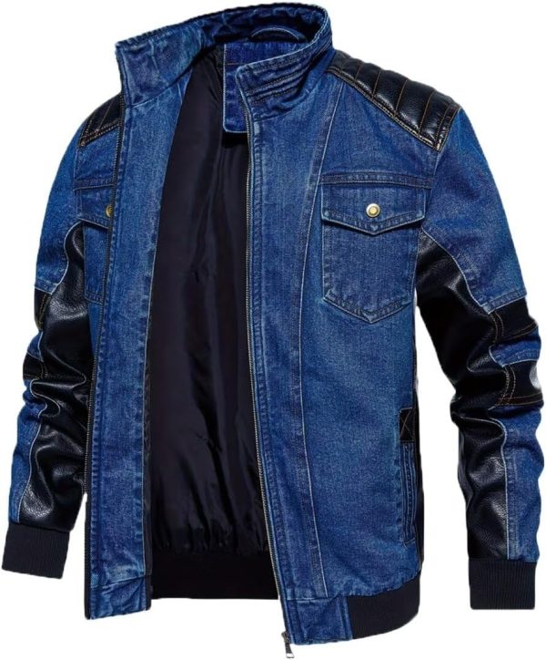 Men's Denim &  Leather Biker Jacket Vintage Motorcycle Jean Jacket with Leather Patchwork