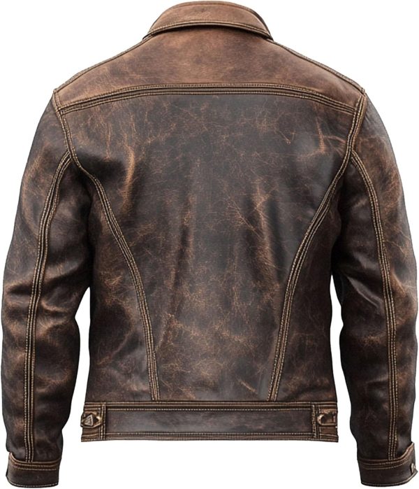 The Next Mens Vintage Leather Trucker Jacket Flaps Slanted Pockets Denim Genuine Leather Jackets For Men - Image 2