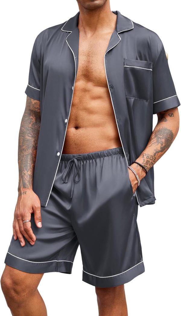 Mens Satin Pajamas Set Button-Down Short  Shirt Top Soft Silk  Loose Pocket Pant Loungewear