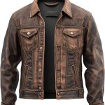 The Next Mens Vintage Leather Trucker Jacket Flaps Slanted Pockets Denim Genuine Leather Jackets For Men