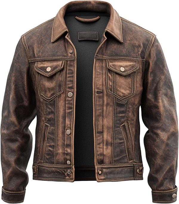 The Next Mens Vintage Leather Trucker Jacket Flaps Slanted Pockets Denim Genuine Leather Jackets For Men