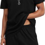 Mens Lounge Set Ribbed Knit Pajamas Set 2 Piece Short Set Outfits Sweatsuit Summer Soft  Loungewear