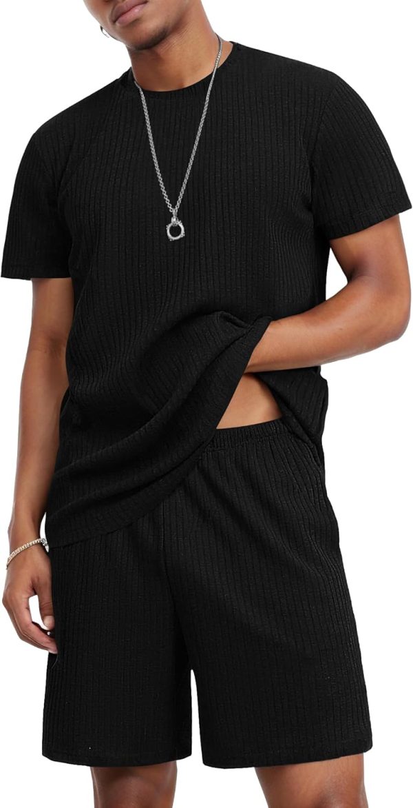Mens Lounge Set Ribbed Knit Pajamas Set 2 Piece Short Set Outfits Sweatsuit Summer Soft  Loungewear