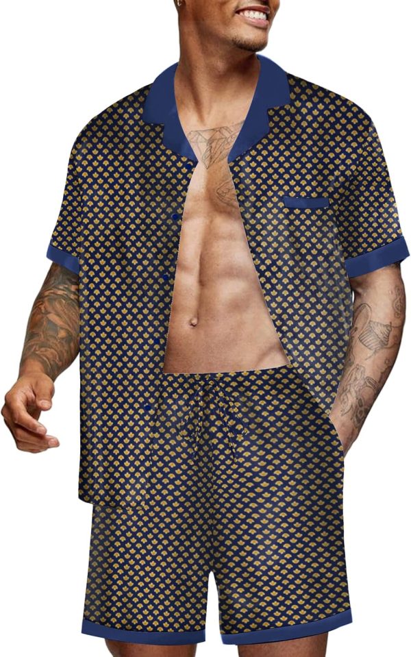 Men Satin Silk Pajamas Set with Pockets  Shorts Satin Summer Loungewear 2 Piece Button Down Set S-3XL