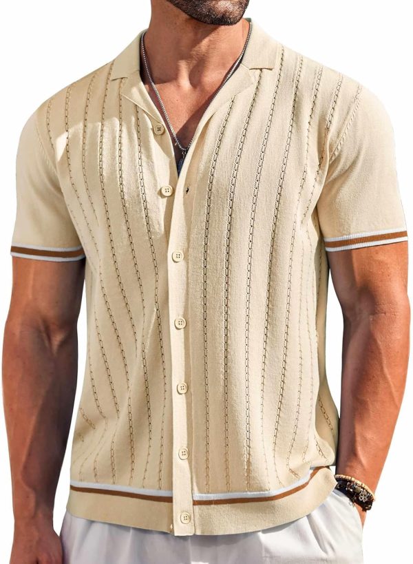 Men's Short  Knit Shirt Casual Button Down Shirt Vintage Striped Knitted Golf Beach Tops