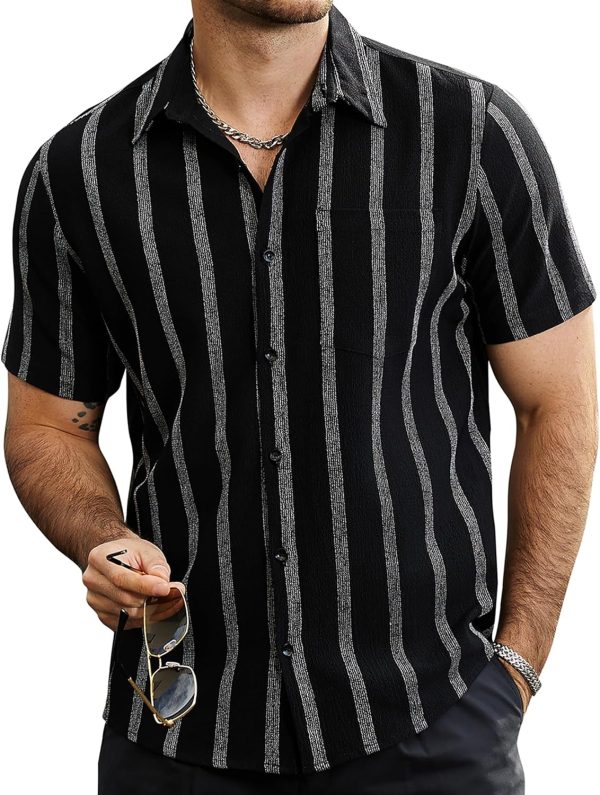 Mens Summer Striped Shirts Button Down Short  Vintage Beach Hawaiian Shirts with Pocket