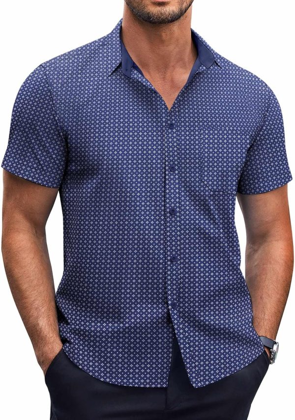 Mens Short  Button Down Shirts Wrinkle Free Dress Shirts Casual Polka Dot Print Shirt with Pocket