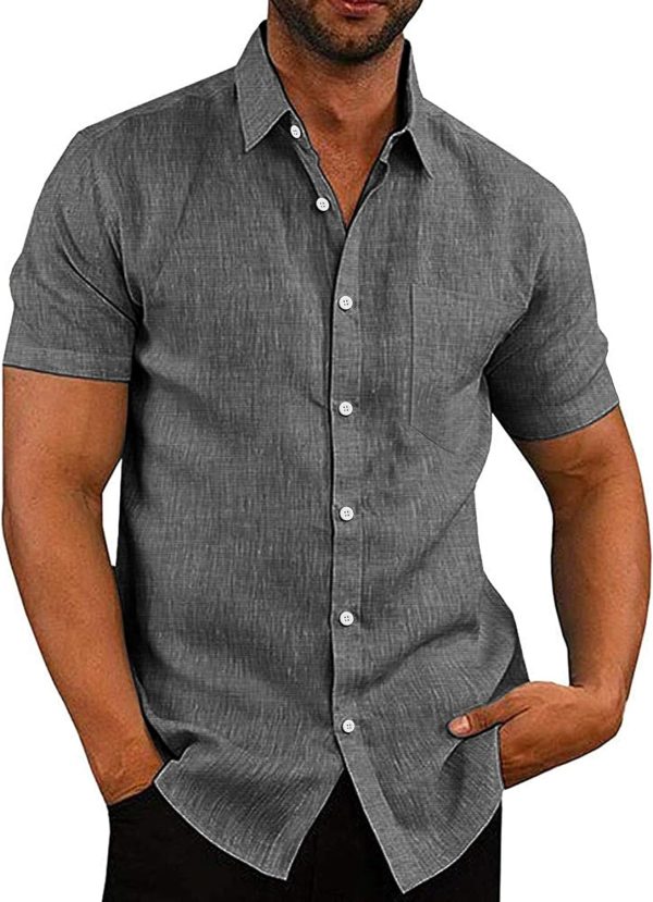 Men's Casual Button Down Shirts Short  Linen Shirts Summer Beach Dress Shirt